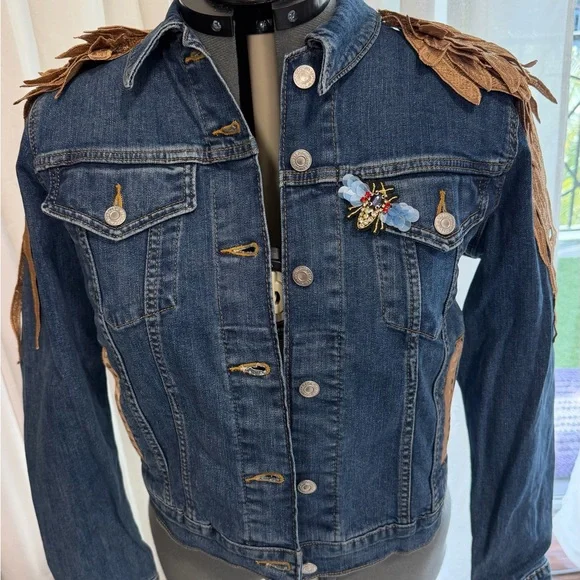 Embellished Denim Jean Jacket with Gold Accents - Picture 4 of 4